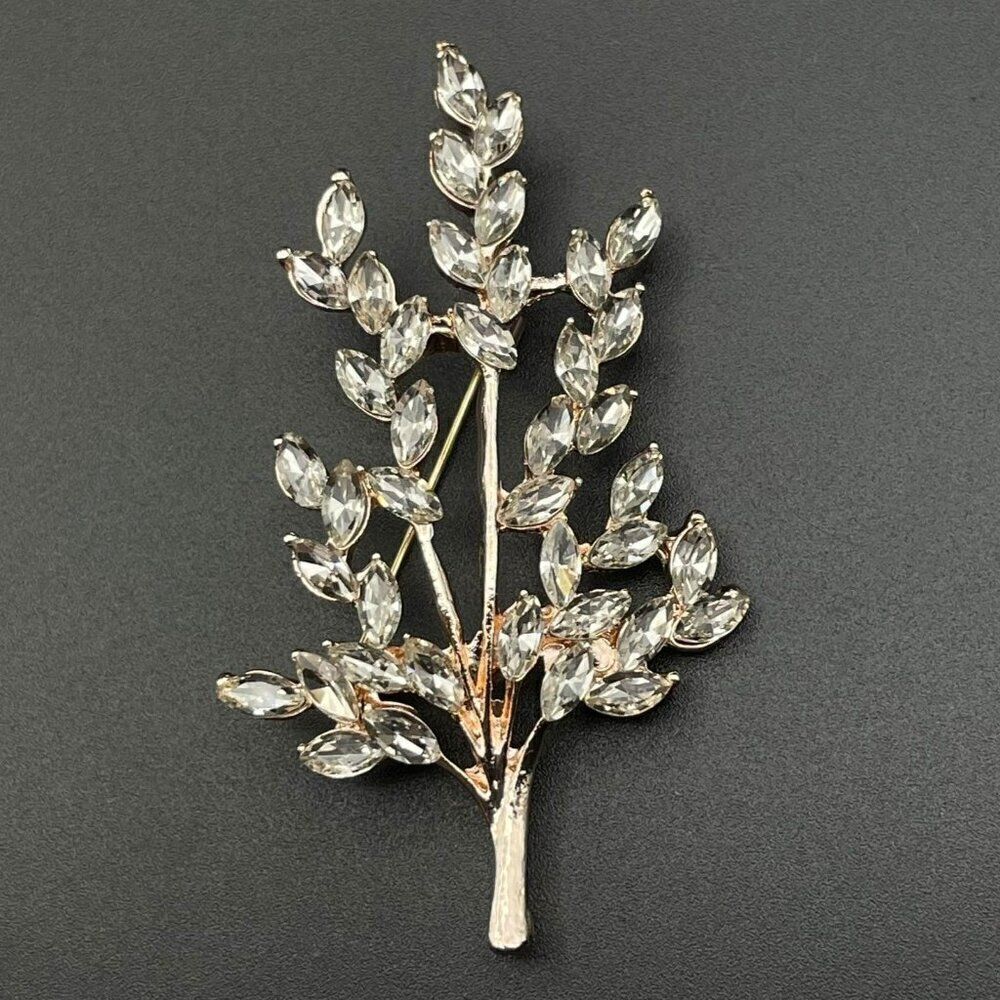 Rose Gold with White Diamond Crystal Tree Branch with Leaves Pin Back Brooch